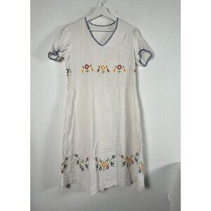 Vintage Womens White Embroidered Floral Cotton Dress V-Neck Short Sleeve